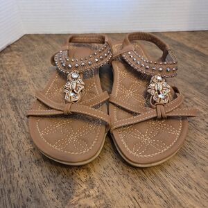 Judxsious Size 8 Embellished Brown Leather T-Strap Sling Back Sandals NWT